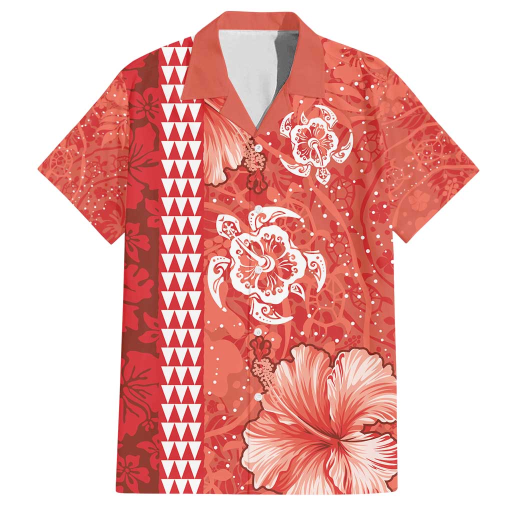 Red Hibiscus Turle Family Matching Off Shoulder Short Dress and Hawaiian Shirt Hawaiian Style Tribal Tapa Pattern
