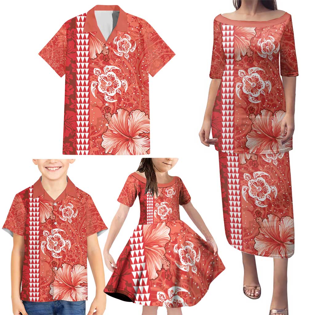 Red Hibiscus Turle Family Matching Puletasi and Hawaiian Shirt Hawaiian Style Tribal Tapa Pattern