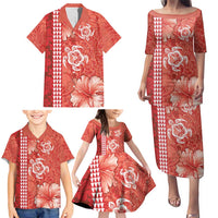 Red Hibiscus Turle Family Matching Puletasi and Hawaiian Shirt Hawaiian Style Tribal Tapa Pattern