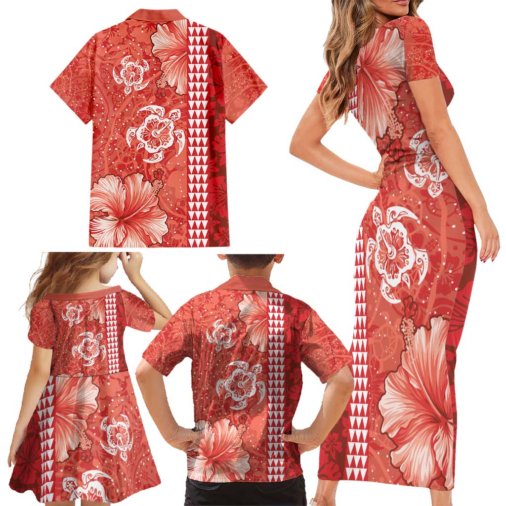 Red Hibiscus Turle Family Matching Short Sleeve Bodycon Dress and Hawaiian Shirt Hawaiian Style Tribal Tapa Pattern