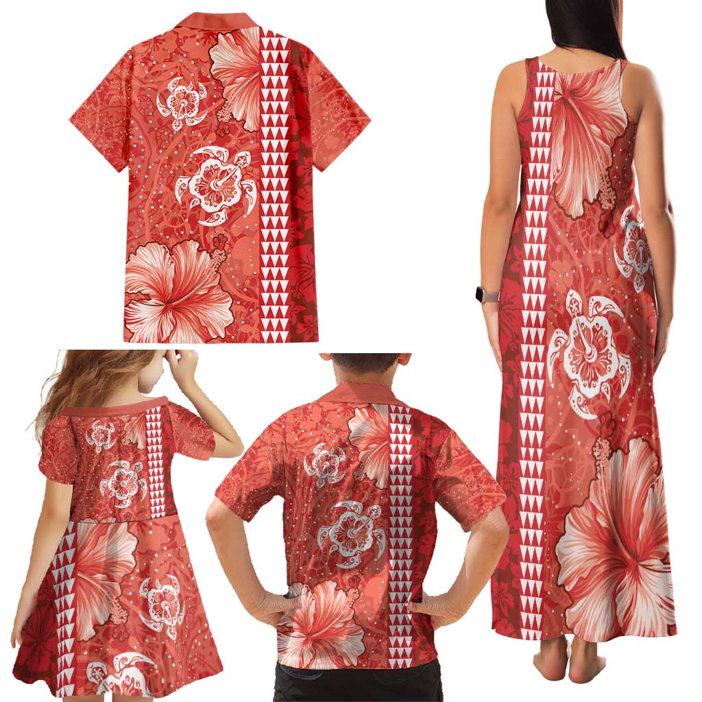 Red Hibiscus Turle Family Matching Tank Maxi Dress and Hawaiian Shirt Hawaiian Style Tribal Tapa Pattern