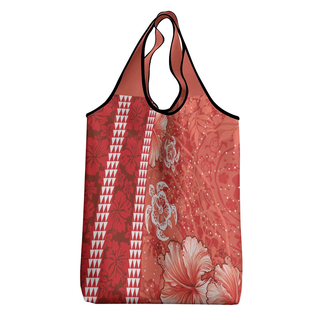 Red Hibiscus Turle Grocery Bag Hawaiian Style Tribal Tapa Pattern LT9 - Polynesian Pride