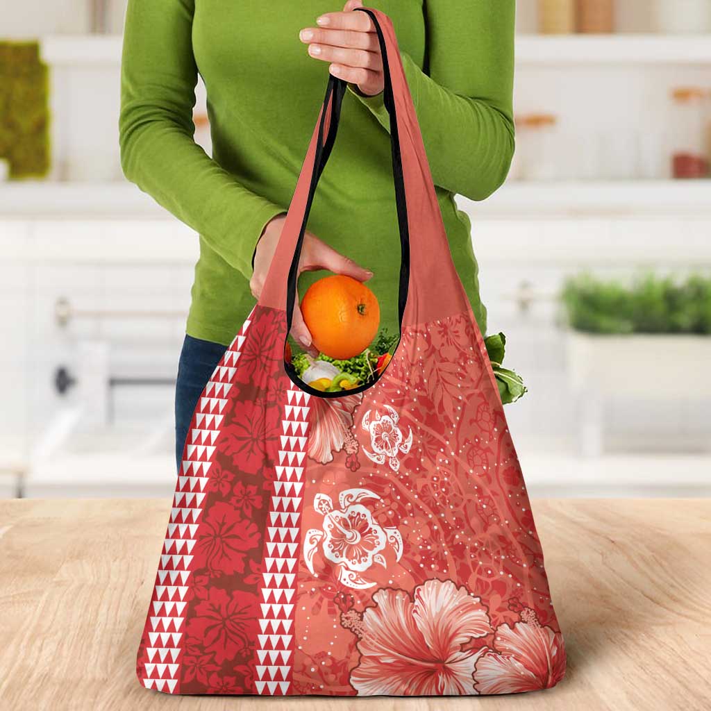 Red Hibiscus Turle Grocery Bag Hawaiian Style Tribal Tapa Pattern LT9 - Polynesian Pride