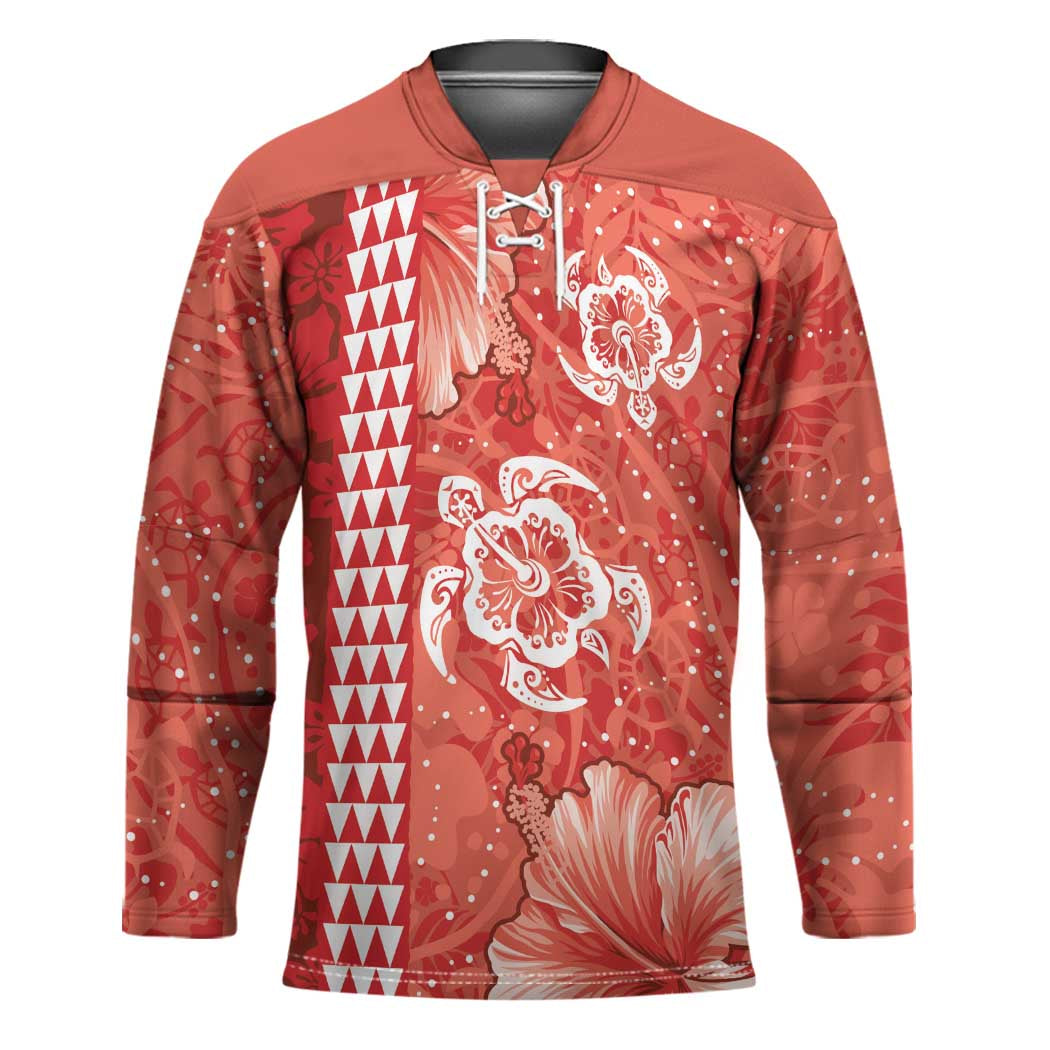 Red Hibiscus Turle Hockey Jersey Hawaiian Style Tribal Tapa Pattern - Polynesian Pride