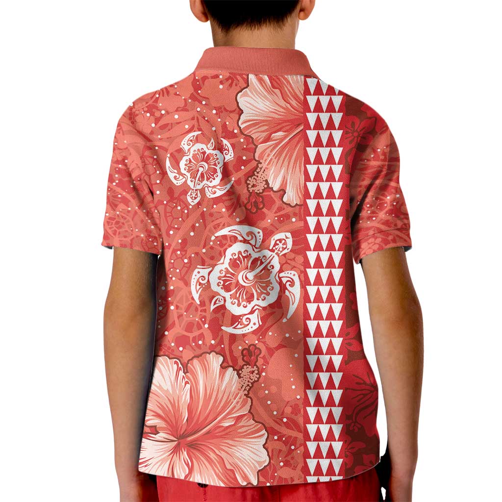 Red Hibiscus Turle Kid Polo Shirt Hawaiian Style Tribal Tapa Pattern