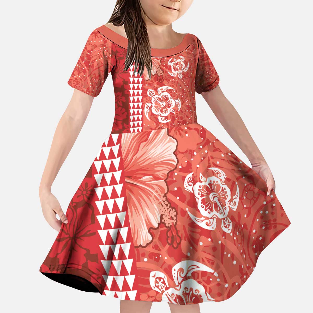 Red Hibiscus Turle Kid Short Sleeve Dress Hawaiian Style Tribal Tapa Pattern LT9 KID Red - Polynesian Pride