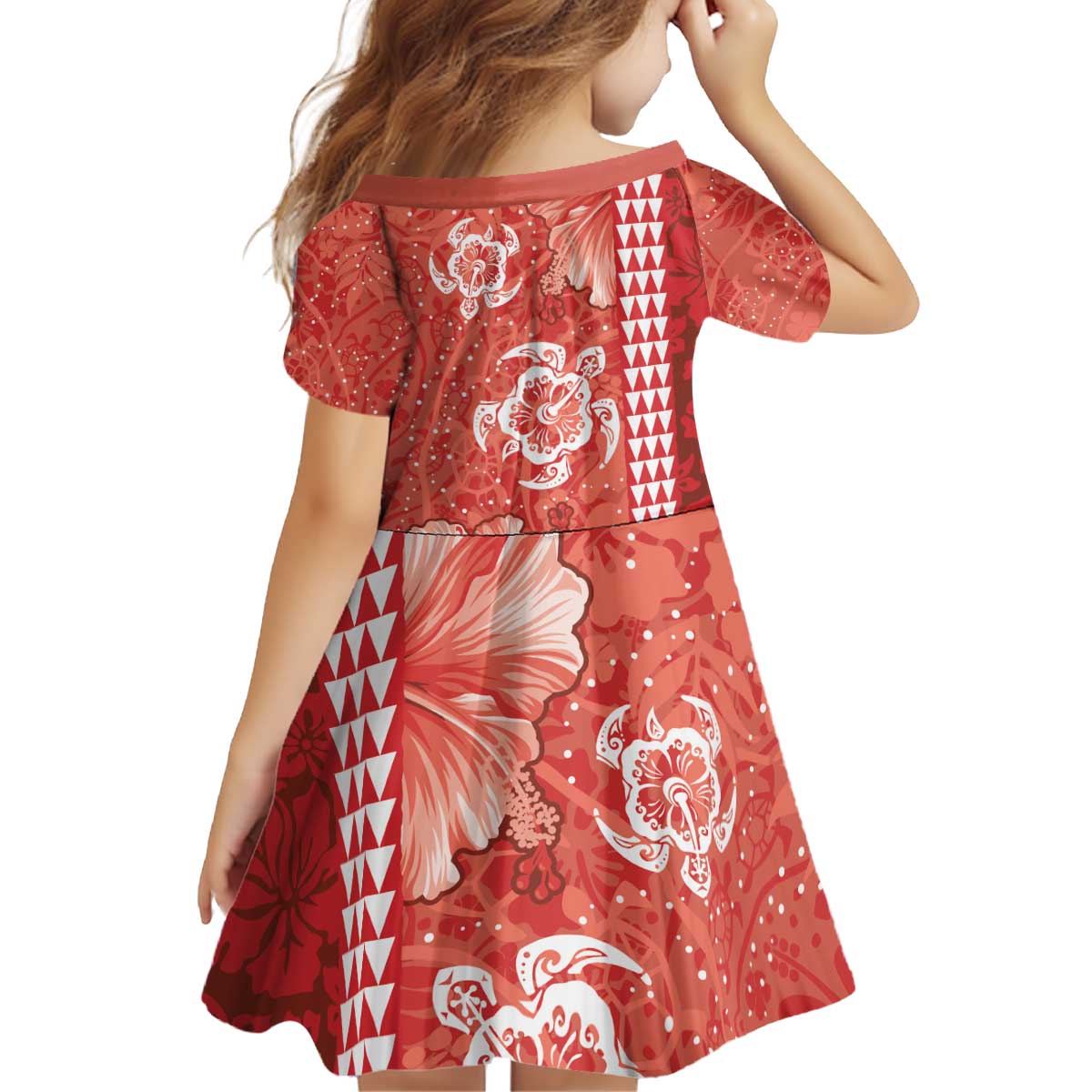 Red Hibiscus Turle Kid Short Sleeve Dress Hawaiian Style Tribal Tapa Pattern LT9 - Polynesian Pride