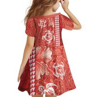 Red Hibiscus Turle Kid Short Sleeve Dress Hawaiian Style Tribal Tapa Pattern LT9 - Polynesian Pride