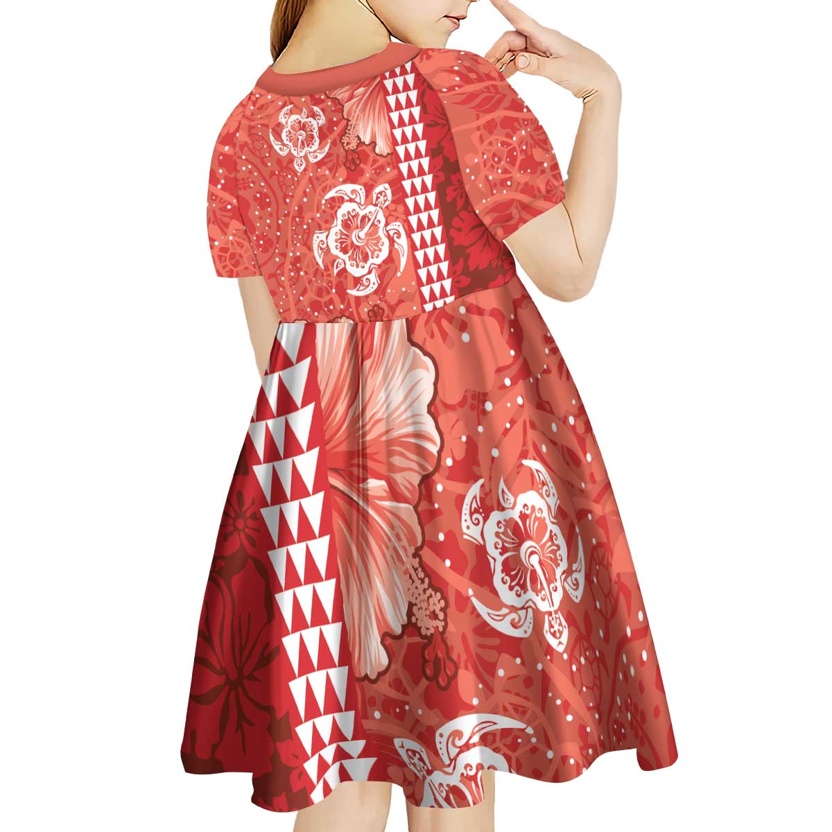 Red Hibiscus Turle Kid Short Sleeve Dress Hawaiian Style Tribal Tapa Pattern LT9 - Polynesian Pride