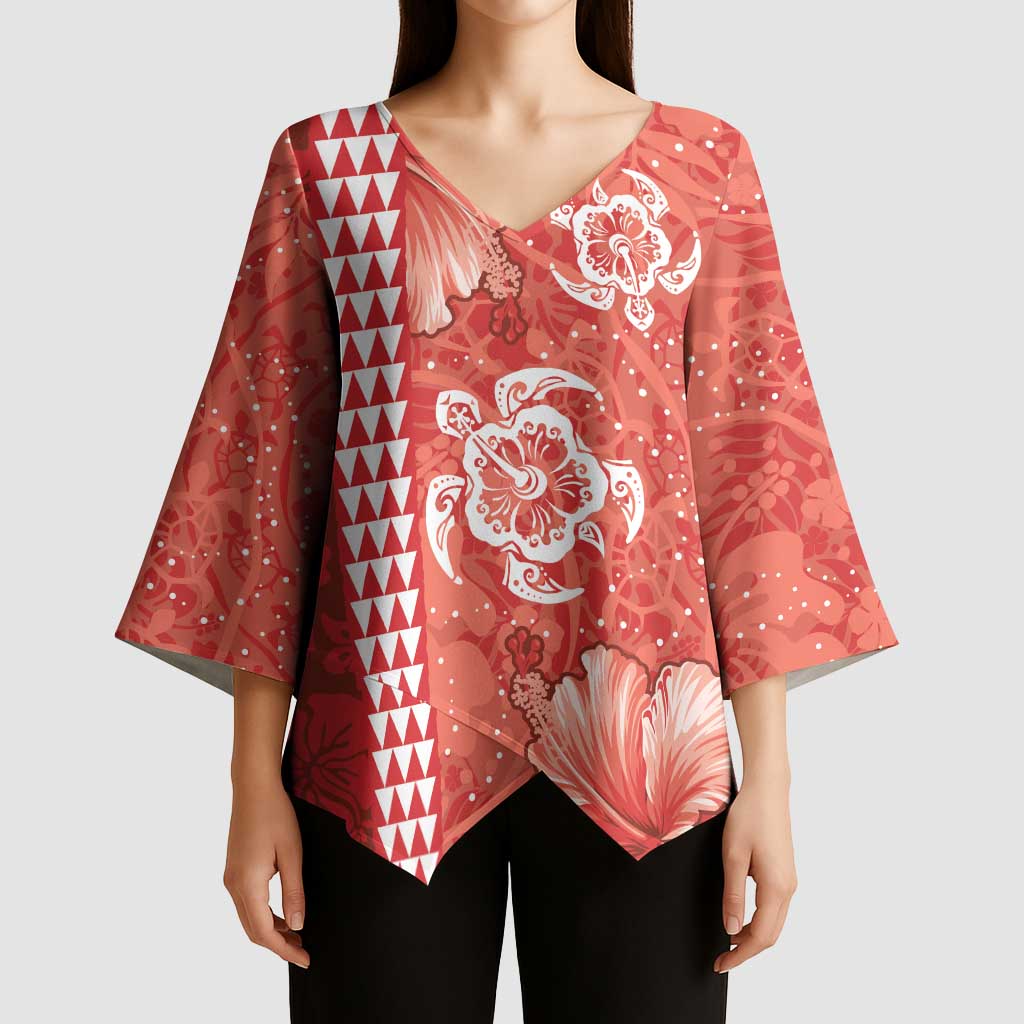 Red Hibiscus Turle Kimono Sleeve Blouse Hawaiian Style Tribal Tapa Pattern - Polynesian Pride