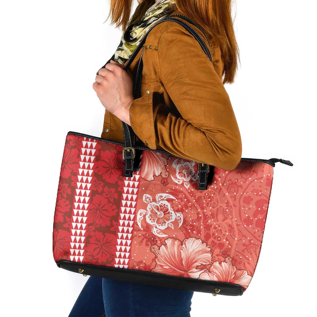 Red Hibiscus Turle Leather Tote Bag Hawaiian Style Tribal Tapa Pattern