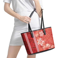 Red Hibiscus Turle Leather Tote Bag Hawaiian Style Tribal Tapa Pattern