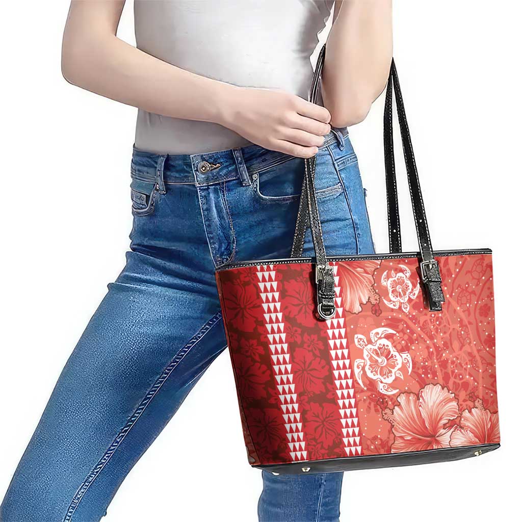 Red Hibiscus Turle Leather Tote Bag Hawaiian Style Tribal Tapa Pattern
