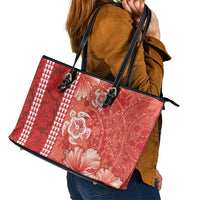Red Hibiscus Turle Leather Tote Bag Hawaiian Style Tribal Tapa Pattern