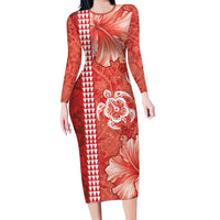 Red Hibiscus Turle Long Sleeve Bodycon Dress Hawaiian Style Tribal Tapa Pattern
