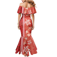 Red Hibiscus Turle Mermaid Dress Hawaiian Style Tribal Tapa Pattern