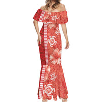 Red Hibiscus Turle Mermaid Dress Hawaiian Style Tribal Tapa Pattern