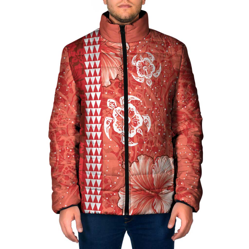 Red Hibiscus Turle Padded Jacket Hawaiian Style Tribal Tapa Pattern - Polynesian Pride