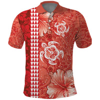 Red Hibiscus Turle Polo Shirt Hawaiian Style Tribal Tapa Pattern
