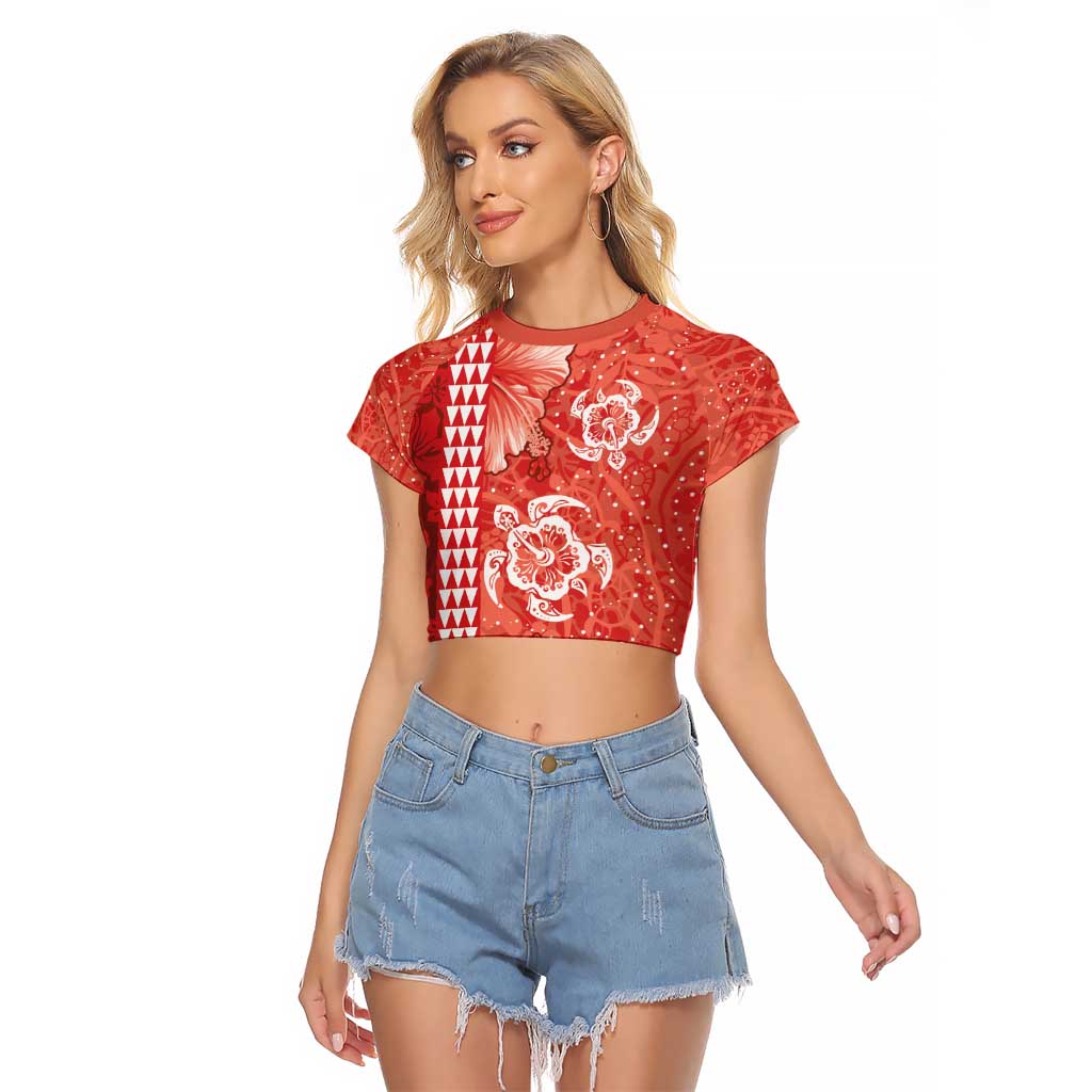 Red Hibiscus Turle Raglan Cropped T Shirt Hawaiian Style Tribal Tapa Pattern LT9 Female Red - Polynesian Pride