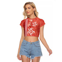 Red Hibiscus Turle Raglan Cropped T Shirt Hawaiian Style Tribal Tapa Pattern LT9 Female Red - Polynesian Pride