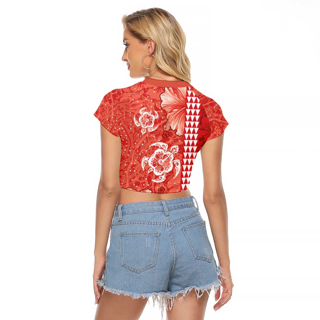 Red Hibiscus Turle Raglan Cropped T Shirt Hawaiian Style Tribal Tapa Pattern LT9 - Polynesian Pride