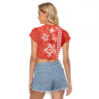 Red Hibiscus Turle Raglan Cropped T Shirt Hawaiian Style Tribal Tapa Pattern LT9 - Polynesian Pride