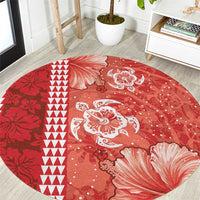 Red Hibiscus Turle Round Carpet Hawaiian Style Tribal Tapa Pattern