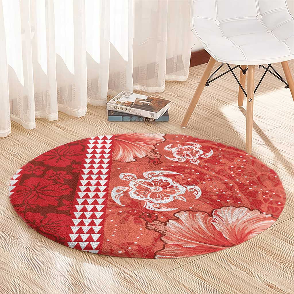 Red Hibiscus Turle Round Carpet Hawaiian Style Tribal Tapa Pattern