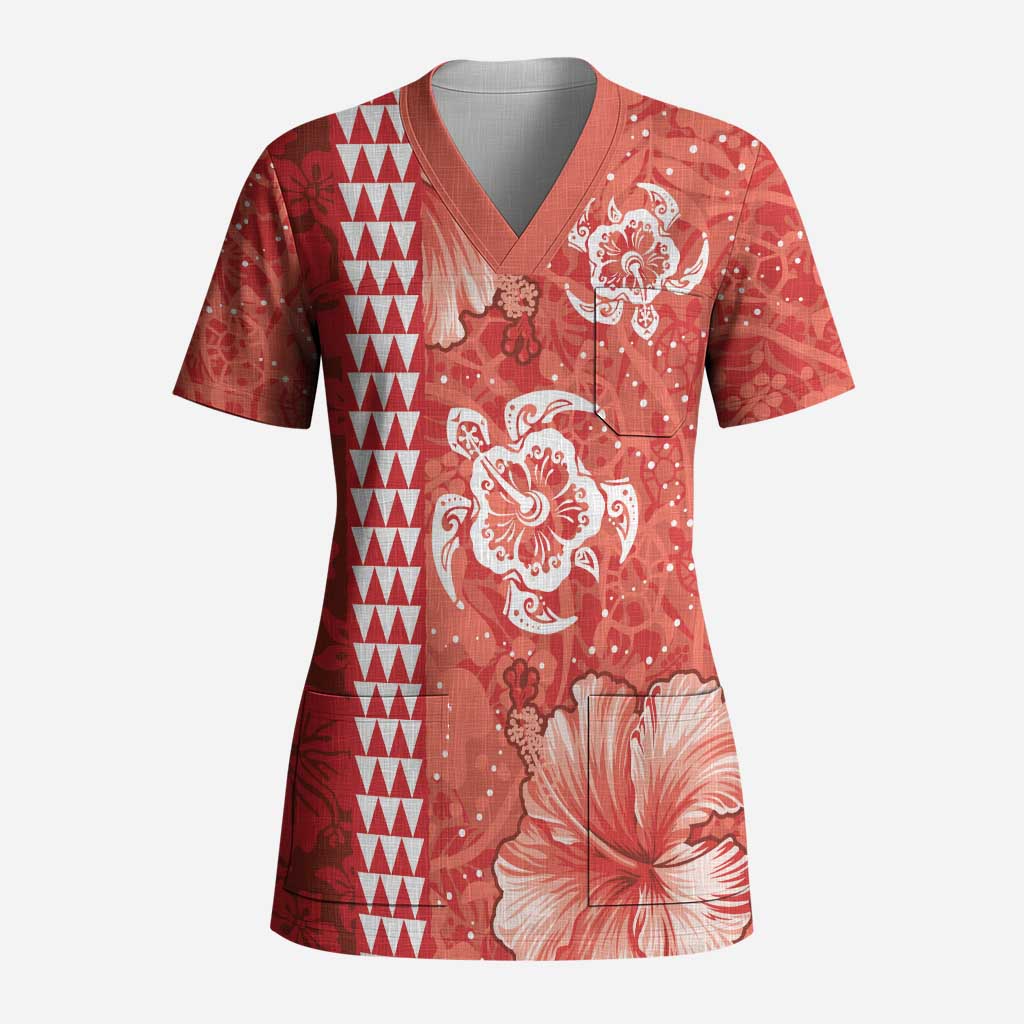 Red Hibiscus Turle Scrub Top Hawaiian Style Tribal Tapa Pattern - Polynesian Pride