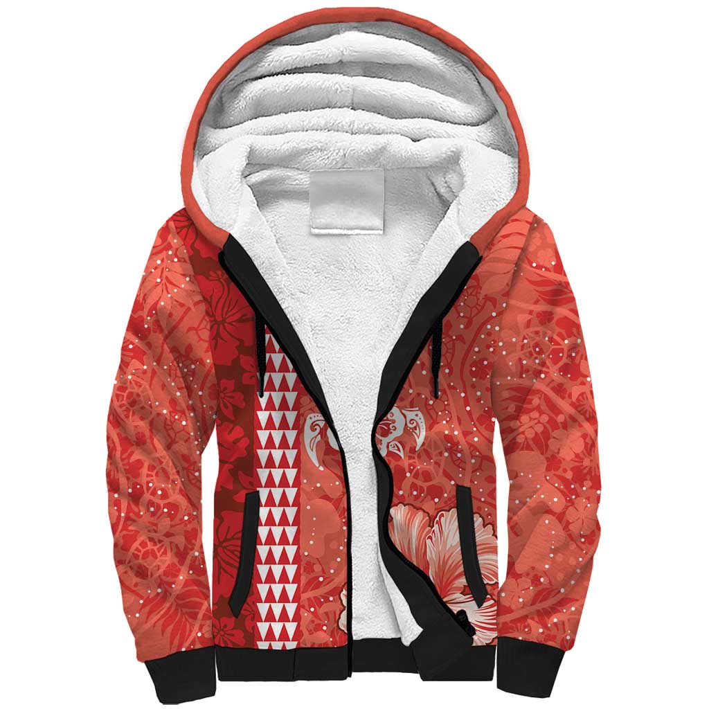 Red Hibiscus Turle Sherpa Hoodie Hawaiian Style Tribal Tapa Pattern