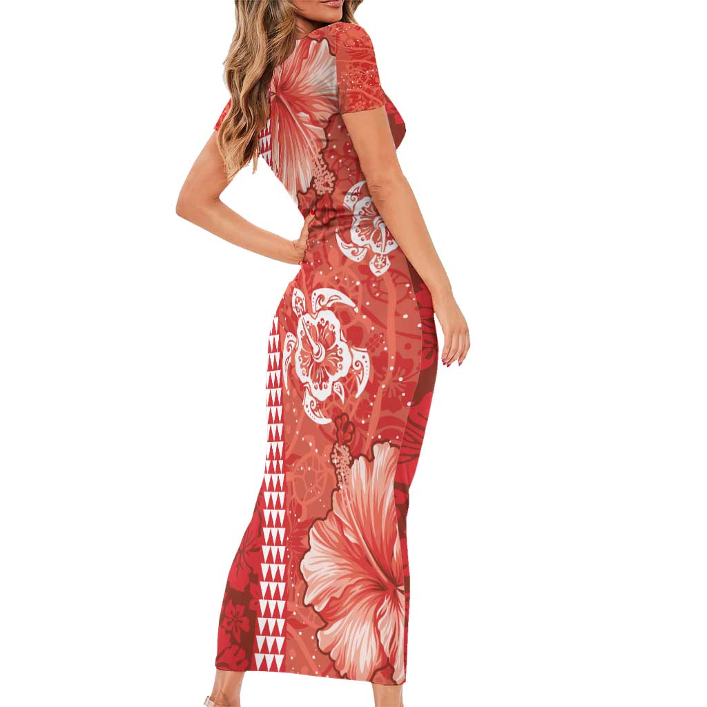 Red Hibiscus Turle Short Sleeve Bodycon Dress Hawaiian Style Tribal Tapa Pattern