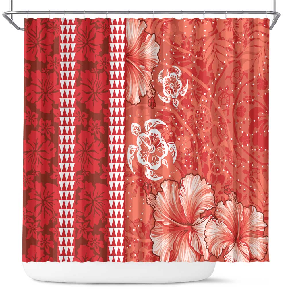 Red Hibiscus Turle Shower Curtain Hawaiian Style Tribal Tapa Pattern