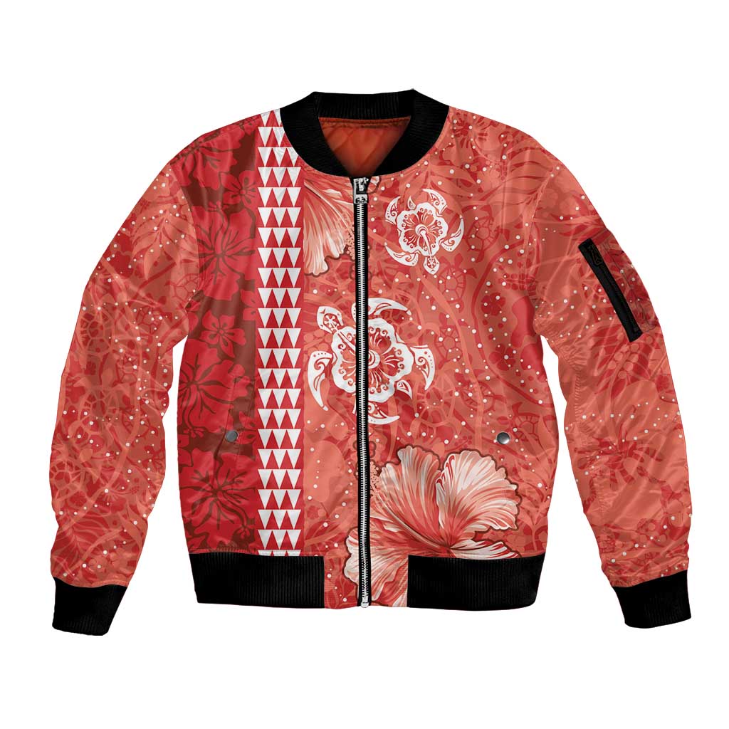 Red Hibiscus Turle Sleeve Zip Bomber Jacket Hawaiian Style Tribal Tapa Pattern
