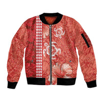 Red Hibiscus Turle Sleeve Zip Bomber Jacket Hawaiian Style Tribal Tapa Pattern