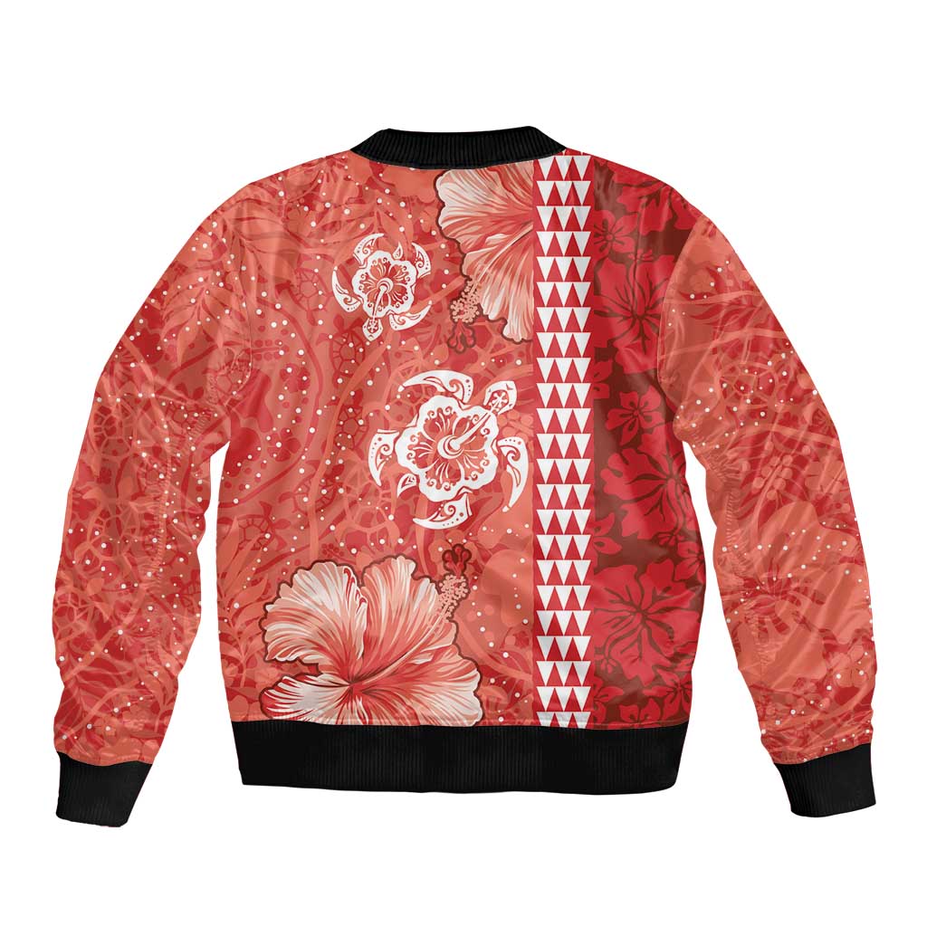 Red Hibiscus Turle Sleeve Zip Bomber Jacket Hawaiian Style Tribal Tapa Pattern