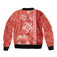 Red Hibiscus Turle Sleeve Zip Bomber Jacket Hawaiian Style Tribal Tapa Pattern