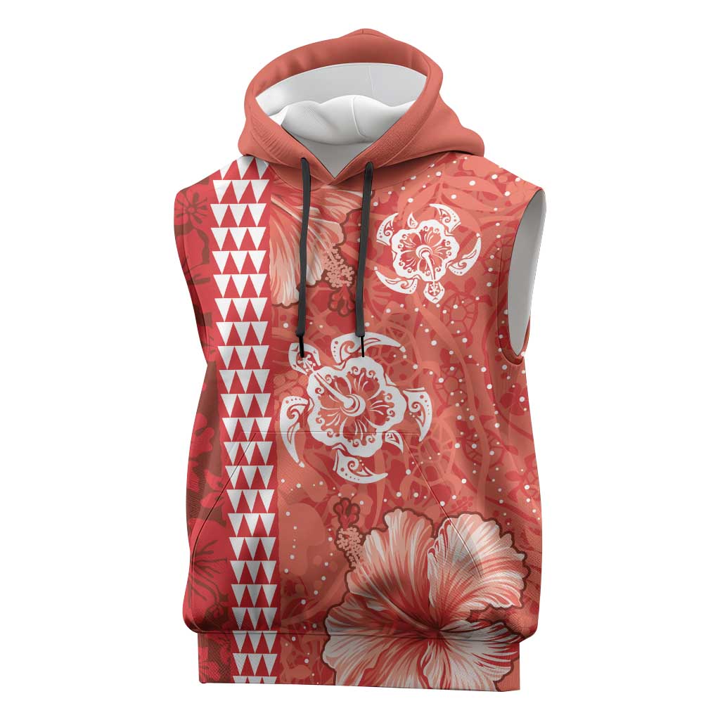 Red Hibiscus Turle Sleeveless Hoodie Hawaiian Style Tribal Tapa Pattern - Polynesian Pride