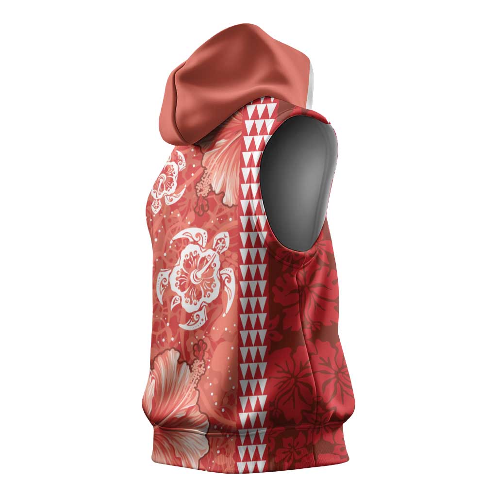 Red Hibiscus Turle Sleeveless Hoodie Hawaiian Style Tribal Tapa Pattern - Polynesian Pride