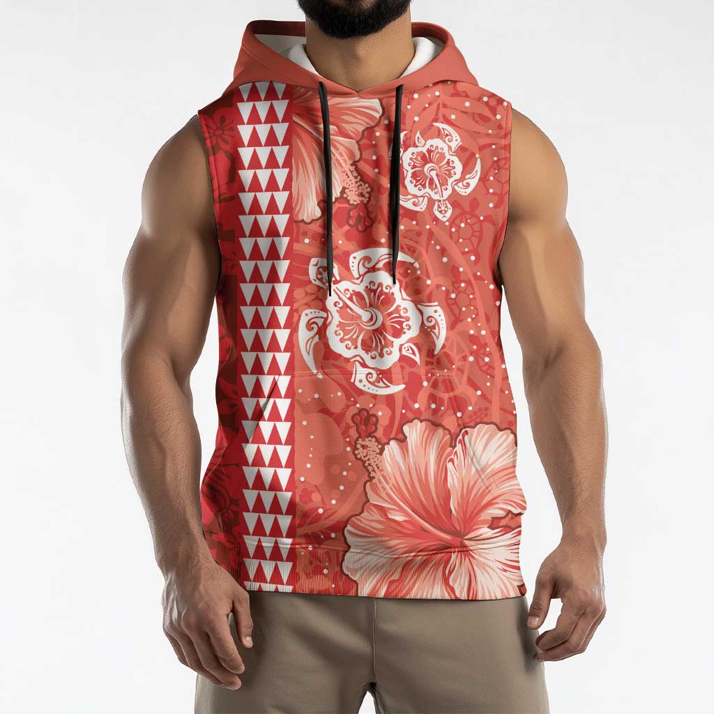 Red Hibiscus Turle Sleeveless Hoodie Hawaiian Style Tribal Tapa Pattern - Polynesian Pride