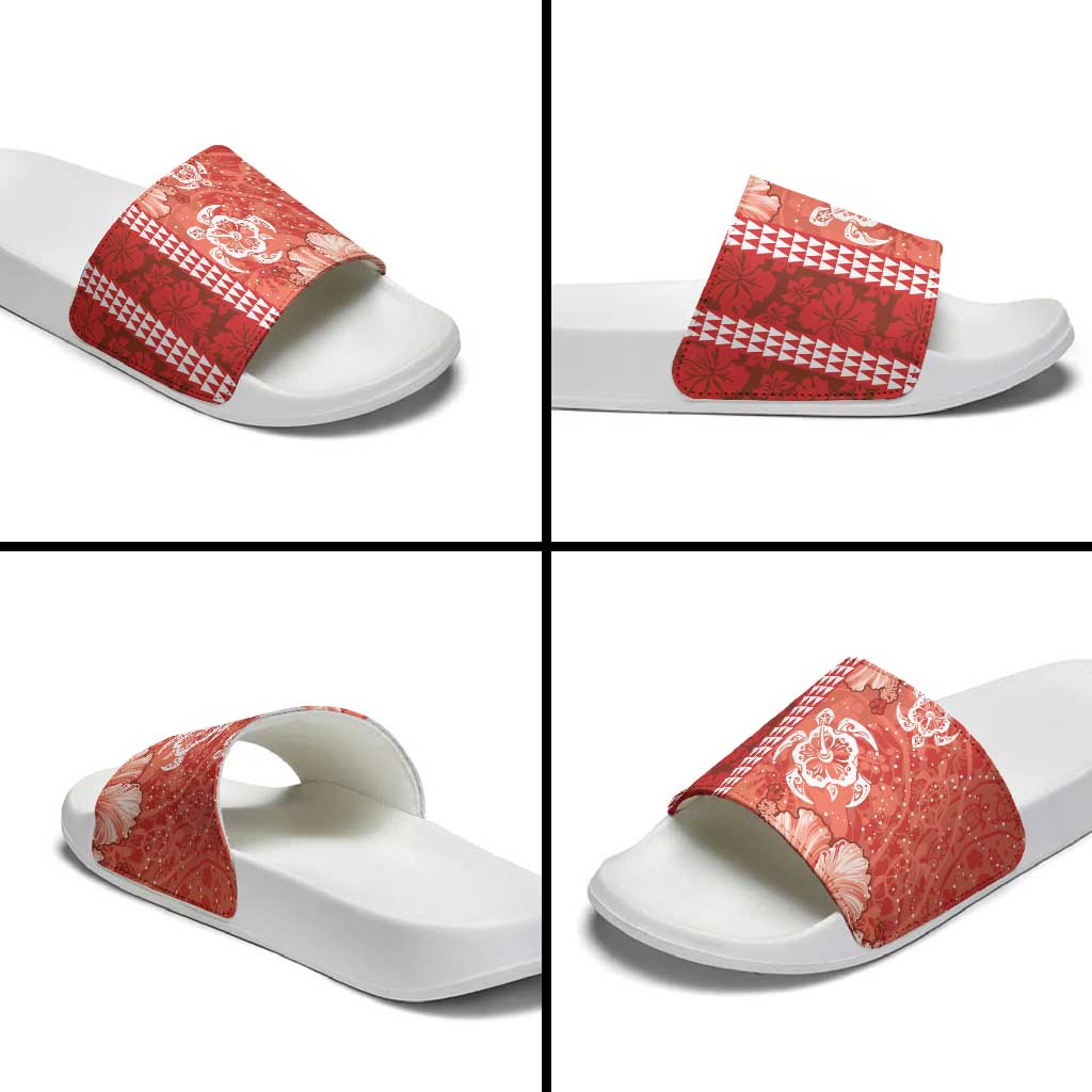 Red Hibiscus Turle Slide Sandals Hawaiian Style Tribal Tapa Pattern - Polynesian Pride