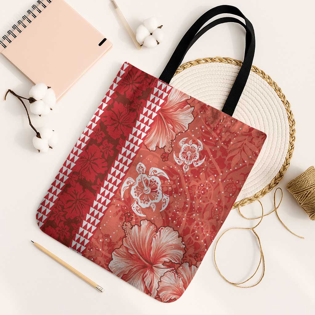Red Hibiscus Turle Tote Bag Hawaiian Style Tribal Tapa Pattern - Polynesian Pride