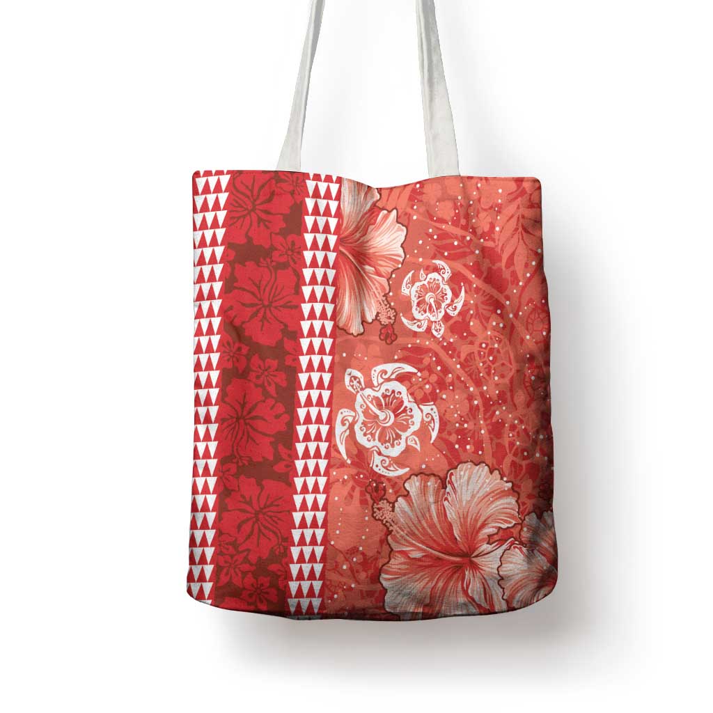 Red Hibiscus Turle Tote Bag Hawaiian Style Tribal Tapa Pattern - Polynesian Pride