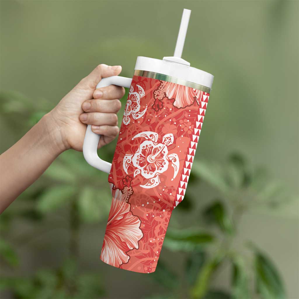 Red Hibiscus Turle Tumbler With Handle Hawaiian Style Tribal Tapa Pattern