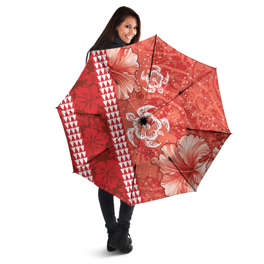 Red Hibiscus Turle Umbrella Hawaiian Style Tribal Tapa Pattern - Polynesian Pride
