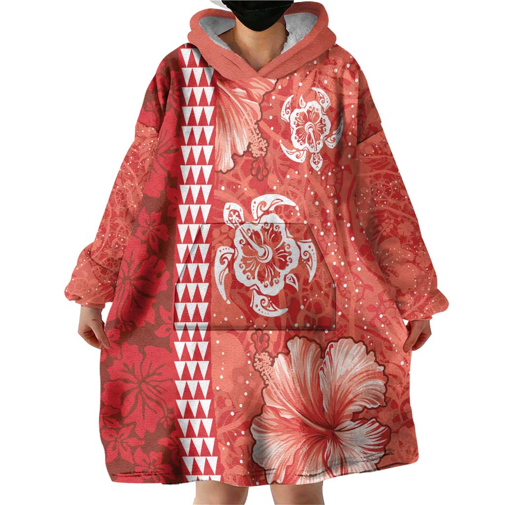 Red Hibiscus Turle Wearable Blanket Hoodie Hawaiian Style Tribal Tapa Pattern