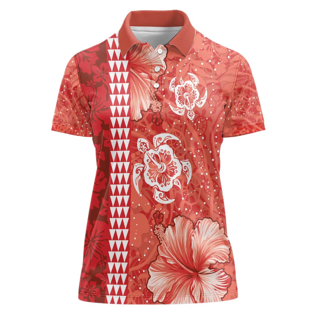 Red Hibiscus Turle Women Polo Shirt Hawaiian Style Tribal Tapa Pattern