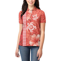 Red Hibiscus Turle Women Polo Shirt Hawaiian Style Tribal Tapa Pattern