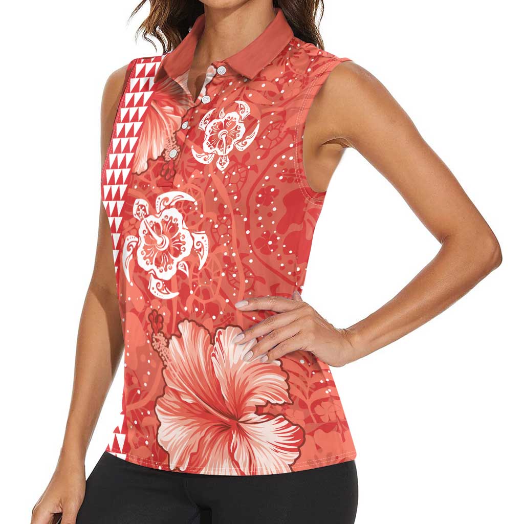 Red Hibiscus Turle Women Sleeveless Polo Shirt Hawaiian Style Tribal Tapa Pattern