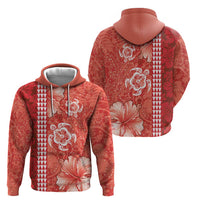 Red Hibiscus Turle Zip Hoodie Hawaiian Style Tribal Tapa Pattern